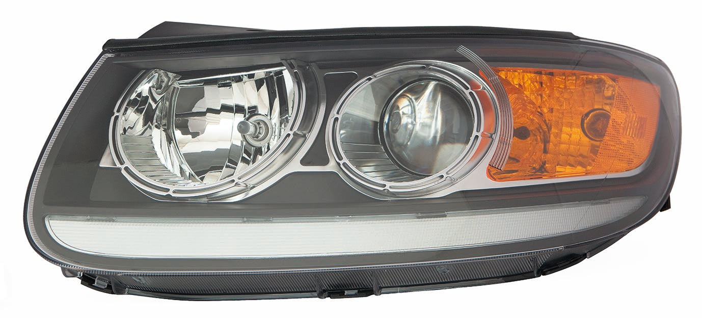 Phare avant gauche halogène pour Hyundai Santa Fe 2012 avec réflecteur inférieur transparent et enjoliveur noir, référence Hy2502166C - Hunt Parts