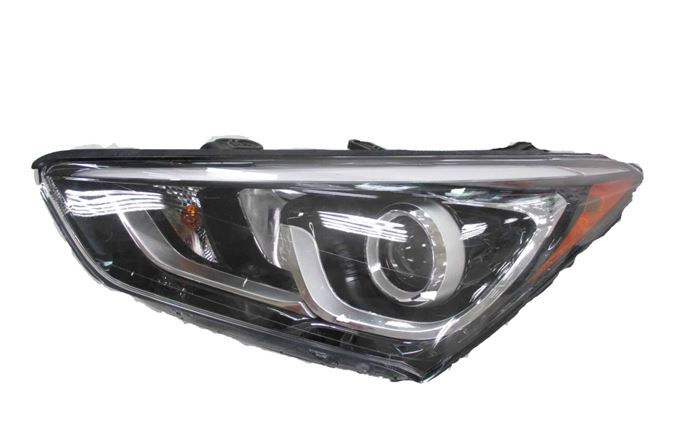 Phare avant gauche (côté conducteur) pour Hyundai Santa Fe Sport 2013-2018, modèle Sport halogène, type projecteur avec éclairage LED d'accentuation, référence Hy2502205C - Hunt Parts